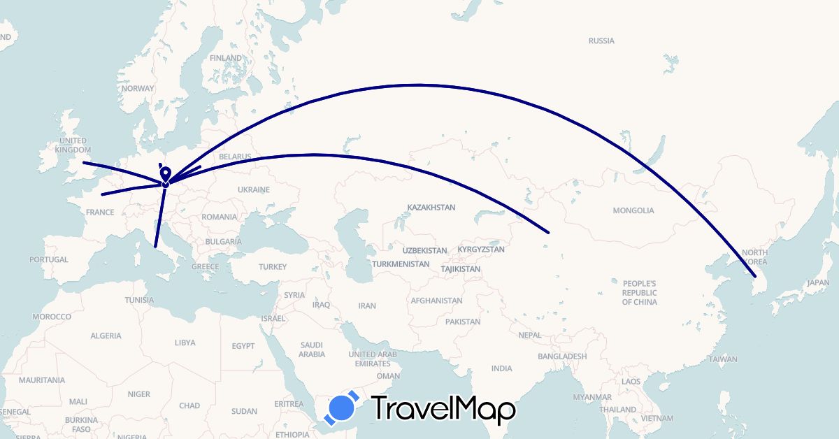 TravelMap itinerary: driving in China, Czech Republic, Germany, France, United Kingdom, Italy, South Korea, Poland (Asia, Europe)